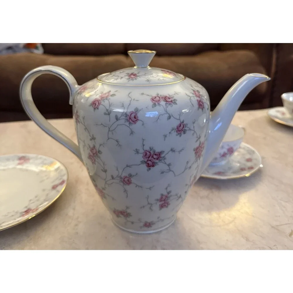 Schumann Rose Coffee Pot, Cups, Saucers and Luncheon Plates Dish Set Vintage